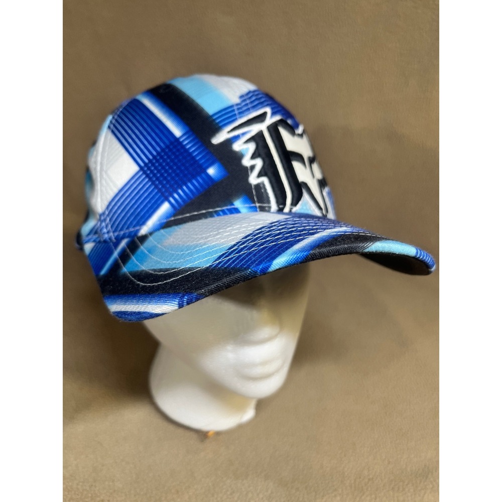 Fox Racing Flexfit Hat Blue White Black Plaid Graphic Logo Cap S/M